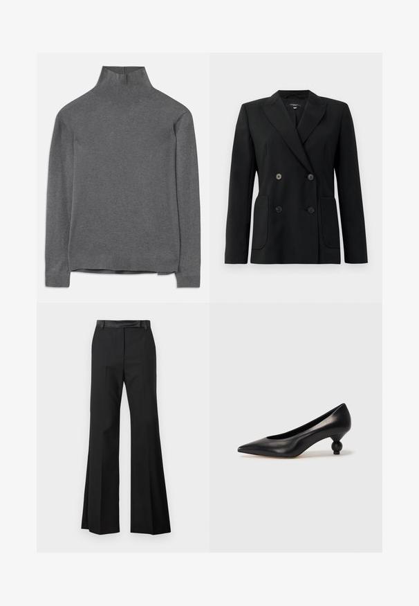 Zwarte dubbelgebreide blazer van gestructureerde stof, met notch revers, twee voord pockets en vier zwarte knopen.; Grijze coltrui gemaakt van zachte stof, met lange mouwen, ribbelhals en zoom, en een relaxte pasvorm. Gladde textuur en eenvoudig ontwerp.; Zwarte flared broeken met een gladde stofafwerking, voorzien van een stevige tailleband en persvouwen voor een nette uitstraling.; Zwarte leren hoge hak schoen met een spitse neus en een ronde, bolle hak. Gladde textuur met een elegant, minimalistisch ontwerp.