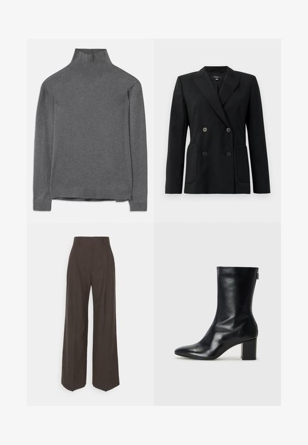 Fekete, kétsoros zakó, amely strukturált anyagból készült, kihajtott gallérral, két elülső zsebbel és négy fekete gombbal rendelkezik.; Szürke garbó pulóver, puha anyagból készült, hosszú ujjak, bordás nyak és szegély jellemzi, laza szabású. Sima textúra és egyszerű design.; Sötétbarna, bő szárú nadrág magas derékkal, tisztán vasalt redőkkel, sima textúrával és testhez simuló fazonnal.; Fekete bőr bokacipő hegyes orral és 4 cm-es blokkfallal. Simán díszített designja oldalra nyíló cipzárral rendelkezik, ami megkönnyíti a felvételt. Simább textúrával.