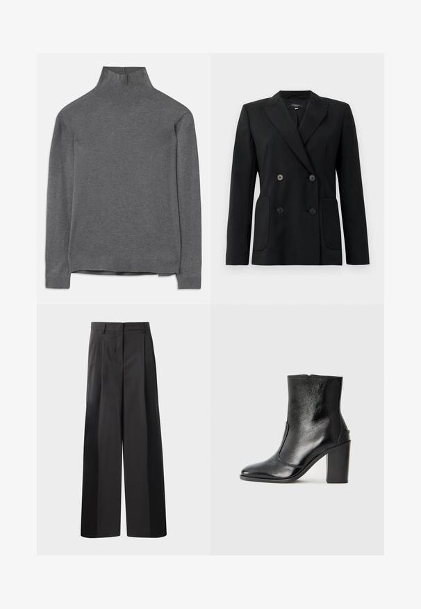 Juodas dvigubas švarkas, pagamintas iš struktūruotos medžiagos, su išpjautomis atlapomis, dviem priekinėmis kišenėmis ir taisyklingais juodais mygtukais.; Pilkas golfas, pagamintas iš minkštos medžiagos, su ilgomis rankovėmis, raukšlėtu kaklu ir apačia, turintis laisvą siluetą. Lygus paviršius ir paprastas dizainas.; Juodos plačios kelnės su aukštu liemeniu, su priekinėmis raukšlėmis, glotnia tekstūra ir pritaikytu apdailos stiliumi. Sukurtos laisvam sėdėjimui.; Juodas odinis kulkšninis batas su lygiu paviršiumi, smailiu pirštu ir masyviu aukštu kulnu. Savybė - šoninis atidarymas ir minimalistiškas dizainas.