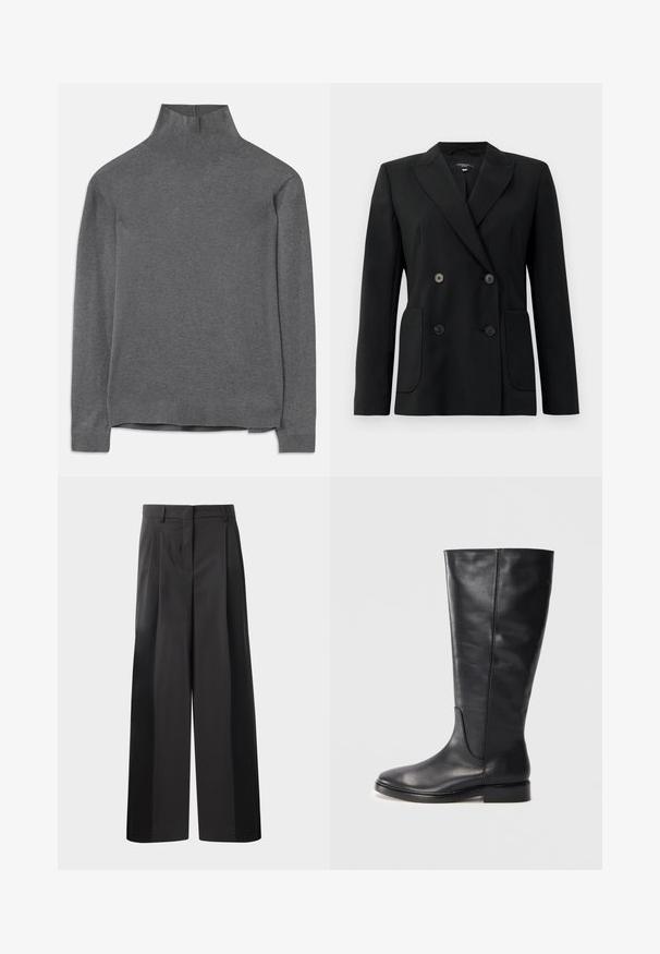 Zwarte dubbelgebreide blazer van gestructureerde stof, met notch revers, twee voord pockets en vier zwarte knopen.; Grijze coltrui gemaakt van zachte stof, met lange mouwen, ribbelhals en zoom, en een relaxte pasvorm. Gladde textuur en eenvoudig ontwerp.; Zwarte wijde broek met hoge taille, met voorplooien, een gladde textuur en een nette afwerking. Ontworpen voor een ontspannen pasvorm.; Zwarte leren kniehoogte laars met een lage hak en een ronde neus, met stikdetails langs de schacht en de bovenkant.