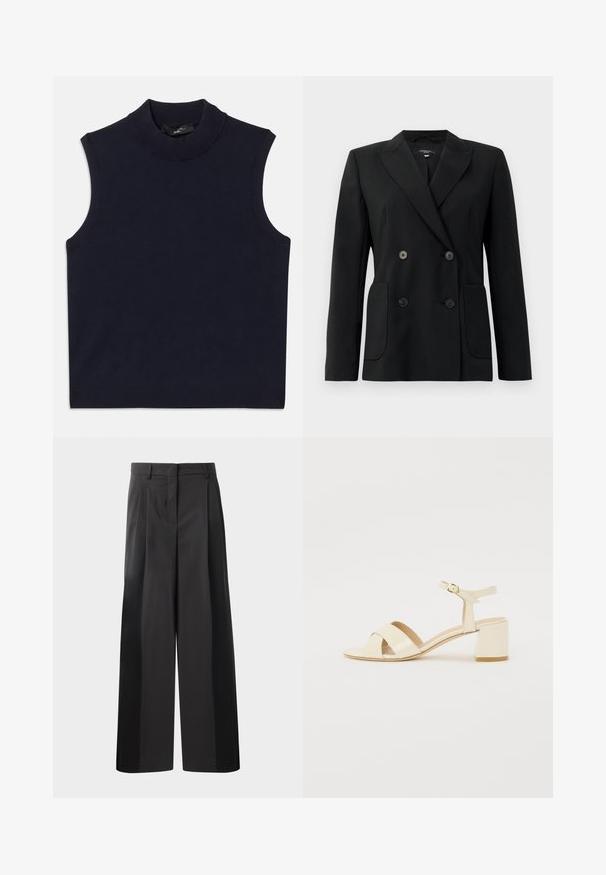 Crni dvostruki sako od čvrstog materijala, s reverima, dva prednja džepa i četiri crna dugmeta.; Mornarska bezrukavna pulover vest sa visokim rebrastim ovratnikom, glatkom teksturom i rebrastim rubom. Jednostavan, minimalistički dizajn bez uzoraka.; Crne široke hlače s visokim strukom, s prednjim nabranim detaljima, glatkom teksturom i krojenim završetkom. Dizajnirane za opušteni kroj.; Bež sandale od lakirane kože na visokoj peti s dizajnom preklopnog remena, otvorenim prstima, podesivim remenom oko gležnja i blok petom. Glatka tekstura.
