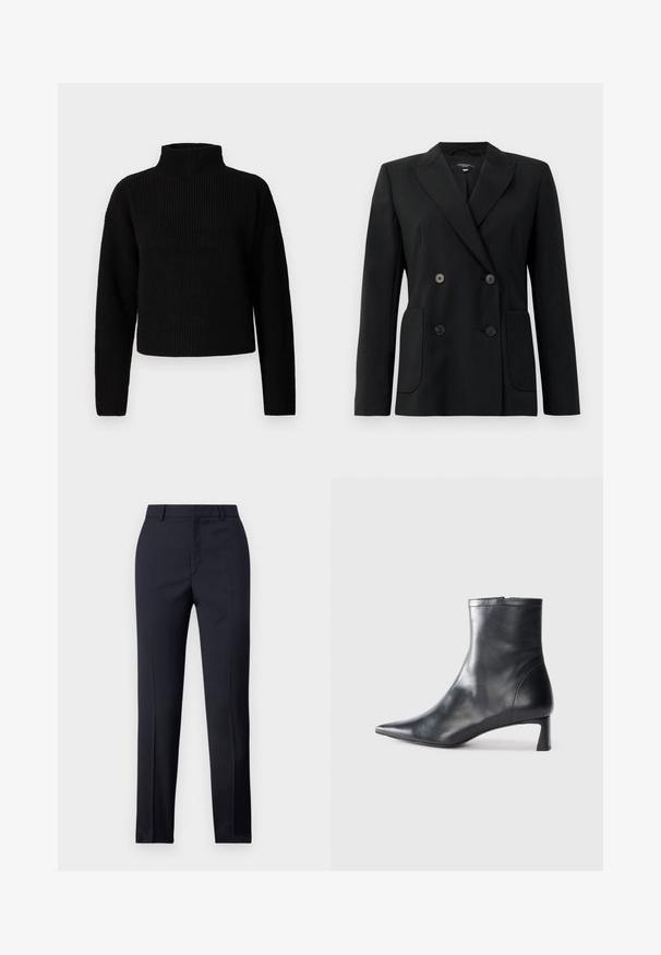 Musta kaksirivinen bleiseri, joka on valmistettu jämäkästä kankaasta ja jossa on asetelmalapelit, kaksi etutaskua ja neljä mustaa nappia.; Mustat ribbikuvioiset poolopaidat, joissa on pitkät hihat ja lyhyt muotoilu. Tekstuurin näyttäisi olevan paksu ja neulottu, ilman näkyviä kuvioita tai koristeita.; Laivaston siniset räätälöidyt housut suoran leikkauksen omaavana, joissa on sileä pinta, kaksi etutaskua ja siisti vyötärö.; Musta nahkainen nilkkabotti, jossa on teräväkärkinen muotoilu ja tyylikäs design. Varusteena matala korko ja takana vetoketjukiinnitys. Sileä pinta.