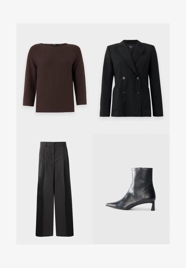 Čierny dvojradový blejzer vyrobený z pevnej látky, s klopami, dvoma prednými vreckami a štyrmi čiernymi gombíkmi.; Hnedý pletený sveter s okrúhlym výstrihom a rukávmi po trištvrte. Obsahuje textúrovaný vzor a rovný strih.; Čierne široké nohavice s vysokým pásom, so záhybmi vpredu, hladkou textúrou a prispôsobeným strihom. Navrhnuté pre uvoľnený strih.; Čierne kožené členkové topánky s špicatou špičkou a elegantným dizajnom. Majú nízky podpätok a zips na zadnej strane. Hladká textúra.