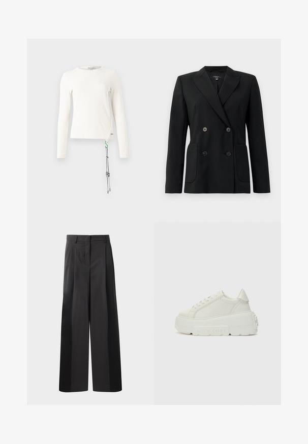 Črn dvoredni blazer iz strukturirane tkanine, z ovratnikom tipa notch, dvema sprednjima žepoma in štirimi črnimi gumbi.; Dolga bel ribast top s krožnim izrezom, z zelenim in črnim poudarkom na strani za prilagajanje.; Črne široke hlače z visokim pasom, z oblikovanimi pregibi spredaj, gladko teksturo in natančno dodelavo. Oblikovane za sproščen fit.; Beletenke športne superge iz gladkega usnja, z zaobljenim nosom, debelim podplatom s teksturiranim vzorcem ter diskretnim logotipom na strani.