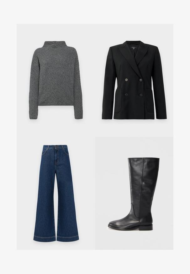 Musta kaksirivinen bleiseri, joka on valmistettu jämäkästä kankaasta ja jossa on asetelmalapelit, kaksi etutaskua ja neljä mustaa nappia.; Filippa K MIKA BRAID SWEATER - Neule - mid grey m; Siniset farkut leveällä lahkeella ja korkealla vyötäröllä, jossa on nappikiinnitys, vyölenkit sekä huomaamattomat tikkaus yksityiskohdat taskuissa ja lahkeissa.; Mustat polvipituiset nahkasaappaat, joissa on matala korko ja pyöristetty kärki, esittelee ompeluyksityiskohtia varressa ja vaaleasti.