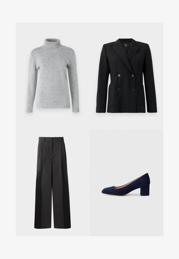 Schwarzer, doppelt gefütterter Blazer aus strukturiertem Stoff, mit Reverskragen, zwei Vordertaschen und vier schwarzen Knöpfen.; Hellgrauer Rollkragenpullover aus weichem Strickmaterial, mit langen Ärmeln und geripptem Textur am Kragen und Saum.; Schwarze, weit geschnittene Hose mit hoher Taille, versehen mit Frontfalten, einer glatten Textur und einem maßgeschneiderten Finish. Entworfen für eine lockere Passform.; Marineblaue Wildleder-Pumps mit spitzem Zehenbereich und einem mittelhohen Blockabsatz. Glatte Textur mit einem subtilen Glanz und einem kleinen Ausschnitt an der Vorderseite.