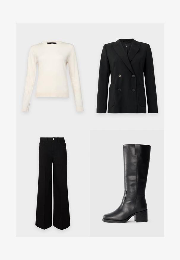 Zwarte dubbelgebreide blazer van gestructureerde stof, met notch revers, twee voord pockets en vier zwarte knopen.; Weekend Max Mara SICILIA - Trui - latte; Zwarte wijde jeans gemaakt van stevig materiaal, met een hoge taille, voorzakken en een knopen sluiting aan de voorkant. Rechte zoom aan de onderkant.; Zwarte leren kniehoge laarzen met een gladde textuur, vierkante neus, blokhak en zijhandvat, met minimale stikseldetails.