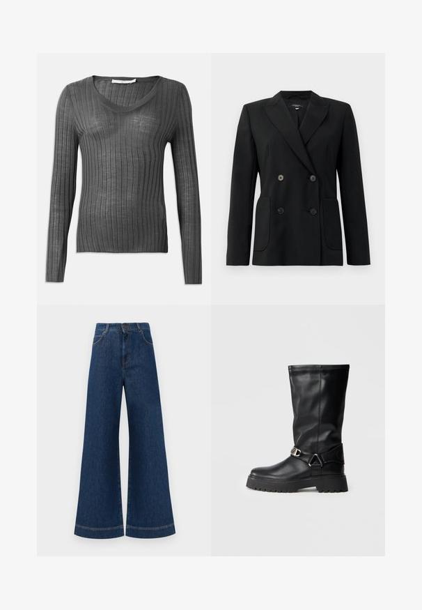 Mustvalge topeltkinnitatud bleiser, mis on valmistatud jäigast kangast, millel on kraed, kaks esist pocketit ja neli musta nööpi.; Halli pikkade varrukatega V-kaelusega hall kampsun, millel on ribakujundus ja vormiv disain. Materjal näeb välja kerge ja veidi läbipaistev, vertikaalsete triipudega.; Laia siniste denim pükste suur jalg, kõrge vöökoht, nupuga kinnitamine, vöökohad ja peened õmblusdetailid taskute ja äärte ääres.; Mustad kuni põlvedeni saapad, mis on valmistatud siledast nahast, külgedel on pealmise aktsendina pandla ning paksem, tekstuuriga talla osa, mis tagab haarde.