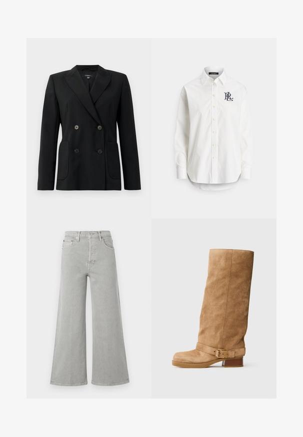 Melnā dubultā jaciņa, kas izgatavota no strukturēta auduma, ar griezumiem pie apkakles, divām priekšējām kabatām un četriem melniem pogām.; Balta kokvilnas krekla ar garām piedurknēm, smailu apkakli un tumši zilā krāsā izšūtu logo uz kreisā krūtīm. Apļa formas apakšmala.; Gaiši pelēki platās kājas džinsi, izgatavoti no denima, ar augstu jostasvietu, priekšējām kabatām un pogu aizdari. Gluda tekstūra ar minimālu dizaina elementu skaitu.; Gai krāsas zamšs vidēja garuma zābaks ar zemu sakrautu papēdi, noapaļota purngala un regulējamu siksniņu ar zelta sprādzi ap potīti.