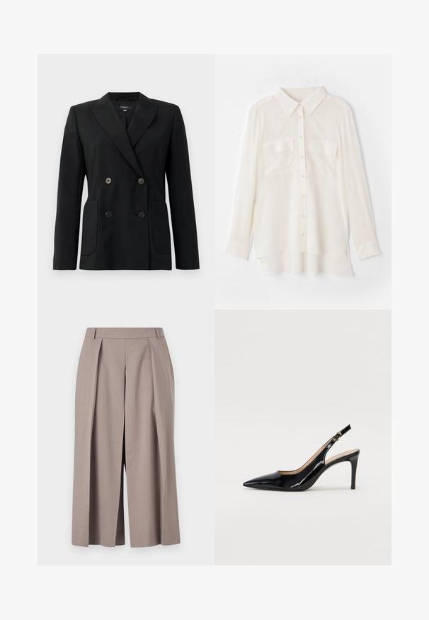 Crni dvostruki sako od čvrstog materijala, s reverima, dva prednja džepa i četiri crna dugmeta.; Bijela košulja s dugim rukavima od lagane tkanine. Ima klasičnu kragnu, dva džepa na prsima i blago duži stražnji rub.; Tiger of Sweden MALIAS - Kratke hlače - mole; Crne lakirane slingback cipele s oštrim vrhom, uskim potpeticama i suptilnim izrezom. Sadrže zlatnu kopču na traku.