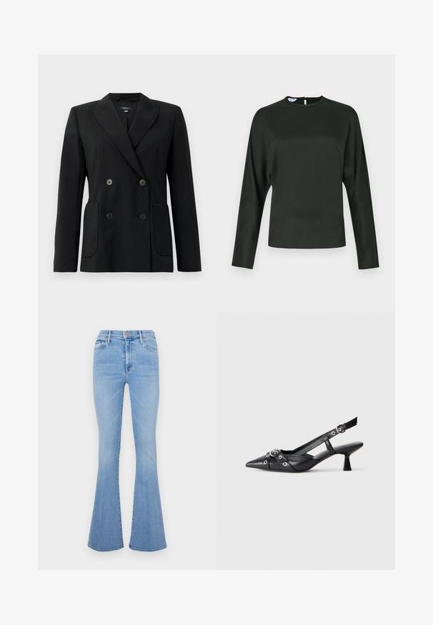 Blazer negru cu două rânduri de nasturi, realizat dintr-un material structurat, având rever cu decupaj, două buzunare frontale și patru nasturi negri.; Top lung cu maneci lungi, de culoare verde închis, dintr-un material fin. Are un gât înalt și o închidere cu deschidere în partea din spate. Croială dreaptă, cu detalii minime.; Jeans flared de culoare albastru deschis, cu talie înaltă, realizate dintr-un material denim, având buzunare frontale și o textură ușor decolorată.; Pantofii slingback din piele neagră, cu vârful ascuțit, curele decorative cu ochiuri din metal și toc bloc mic. Suprafață texturată.