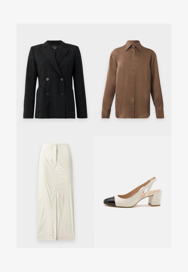 Blazer nero doppiopetto realizzato in tessuto strutturato, con rever a forma di pescante, due tasche frontali e quattro bottoni neri.; Camicia marrone a maniche lunghe con bottone, colletto e polsini a punta, esposta su uno sfondo bianco uniforme.; Gonna color sabbia chiaro, lunga fino al ginocchio, realizzata in tessuto liscio e textured. Presenta uno spacco frontale e una chiusura con bottone in vita.; Scarpa slingback bianca in pelle con punta nera in pelle verniciata. Presenta un tacco a blocco e un design con ritagli sui lati.