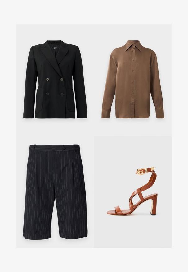 Black double-breasted blazer made of structured fabric, featuring notch lapels, two front pockets, and four black buttons.; Brown long-sleeve button-up shirt with pointed collar and cuffs, displayed against a plain white background.; Black pinstriped shorts with a tailored fit, featuring a flat front, pleats, and a smooth texture. Belt loops included.; Brown leather heeled sandal with a strappy design and an ankle buckle. Features a closed-back and a high, chunky heel. Smooth texture.