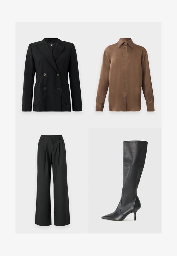 Fekete, kétsoros zakó, amely strukturált anyagból készült, kihajtott gallérral, két elülső zsebbel és négy fekete gombbal rendelkezik.; Barna, hosszúujjú, gombos ing, hegyes gallérral és mandzsettákkal, egyszerű fehér háttér előtt kiemelve.; Won Hundred CAMILLE TROUSERS - Nadrágok - licorice; Térd fölötti fekete bőr csizmák hegyes orral és karcsú stiletto sarkal. Simább textúrájúak, jól illeszkedő kialakítással és varrással a tetején.