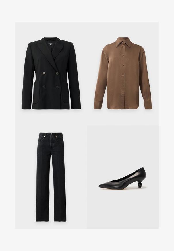 Fekete, kétsoros zakó, amely strukturált anyagból készült, kihajtott gallérral, két elülső zsebbel és négy fekete gombbal rendelkezik.; Barna, hosszúujjú, gombos ing, hegyes gallérral és mandzsettákkal, egyszerű fehér háttér előtt kiemelve.; Fekete farmernadrág egyenes szárú szabással. Öt zsebbel, gombos záródással és minimális varrási részletekkel rendelkezik. Klasszikus dizájn.; Fekete bőr magassarkú cipő, hegyes orral és kerek, gömbölyű sarokkal. Simább textúrával, elegáns, minimalista dizájnnal.