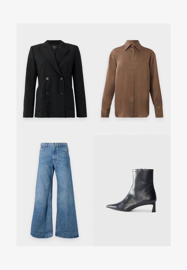 Blazer negru cu două rânduri de nasturi, realizat dintr-un material structurat, având rever cu decupaj, două buzunare frontale și patru nasturi negri.; Cămașă lungă cu mânecă, de culoare maro, cu guler și manșete ascuțite, prezentată pe un fundal alb simplu.; Jeans din denim albastru cu picioare largi și talie înaltă, având un stil clasic cu cinci buzunare și o ușoară decolorare pentru textură.; Cizmă de gleznă din piele neagră cu vârf ascuțit și un design elegant. Dispune de un toc mic și de o închidere cu fermoar la spate. Textură netedă.
