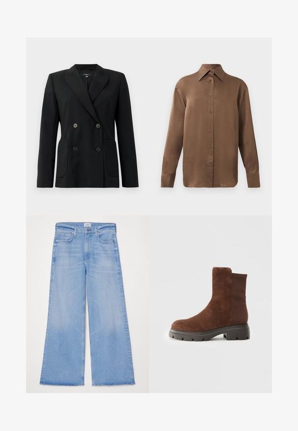 Black double-breasted blazer made of structured fabric, featuring notch lapels, two front pockets, and four black buttons.; Brown long-sleeve button-up shirt with pointed collar and cuffs, displayed against a plain white background.; Citizens of Humanity LOLI MID RISE BAGGY - Flared Jeans - neroli/light indigo; Brown suede ankle boot with elastic side panels, rounded toe, and a thick rubber sole featuring a textured tread pattern.