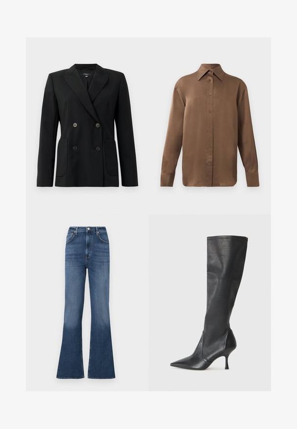 Blazer negru cu două rânduri de nasturi, realizat dintr-un material structurat, având rever cu decupaj, două buzunare frontale și patru nasturi negri.; Cămașă lungă cu mânecă, de culoare maro, cu guler și manșete ascuțite, prezentată pe un fundal alb simplu.; Jeans evazați din denim albastru, cu talie înaltă. Dispun de cinci buzunare, închidere cu nasture și o ușoară decolorare la tiv.; Botine din piele neagră, până la genunchi, cu vârf ascuțit și toc subțire stiletto. Textură netedă, cu un design ajustat și cusături la marginea superioară.