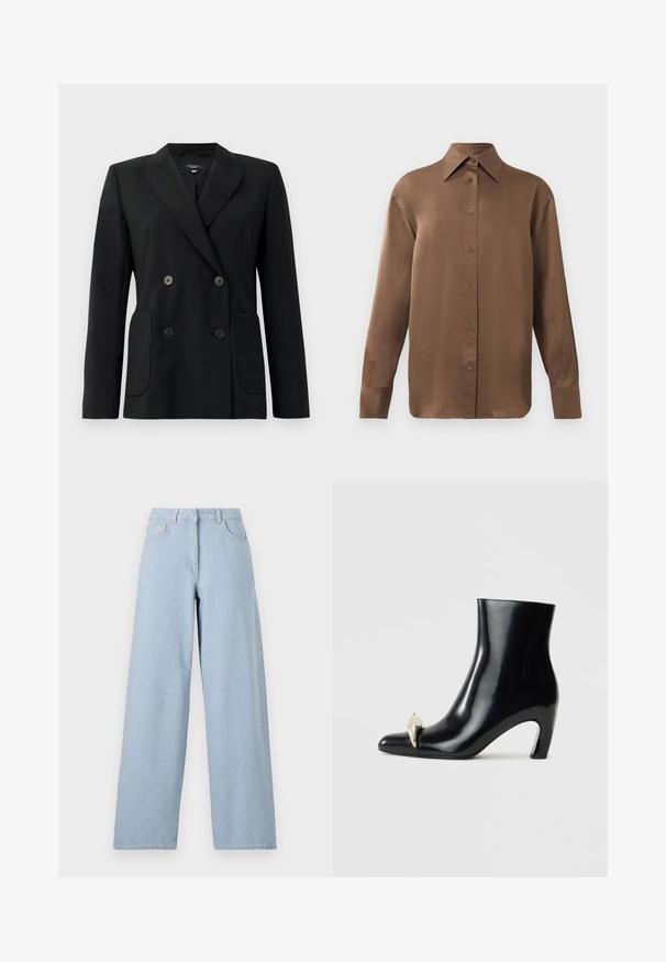 Melnā dubultā jaciņa, kas izgatavota no strukturēta auduma, ar griezumiem pie apkakles, divām priekšējām kabatām un četriem melniem pogām.; Brūns garās piedurknes pogājamais krekls ar norādītu apkakli un aprocēm, izlikts pret vienkāršu baltu fonu.; REMAIN COCOON PANTS - Džinsi ar platām starām - light blue; Melnas potītes zābaki, izgatavoti no spīdīgas ādas, ar smailu purngalu un dekoratīvu zelta un sudraba akcentu priekšpusē. Bloka papēža dizains.