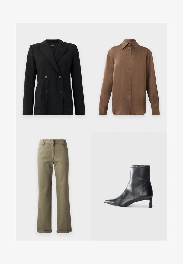 Juodas dvigubas švarkas, pagamintas iš struktūruotos medžiagos, su išpjautomis atlapomis, dviem priekinėmis kišenėmis ir taisyklingais juodais mygtukais.; Ruda ilgų rankovių marškiniai su sagomis ir smailiais apykakle bei rankogaliais, išdėstyti prieš paprastą baltą foną.; Kreminės plačios kojų kelnės, pagamintos iš minkštos medžiagos. Yra sukamučios apačios, priekinės kišenės ir užtrauktukas su mygtuko uždarymu.; Juodas odinis kulkšninis batas su smailiu pirštu ir elegantišku dizainu. Turi žemą kulną ir užtrauktuką gale. Lygi tekstūra.