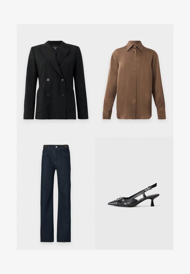 Blazer preto de dupla face feito de tecido estruturado, apresentando lapelas com corte em notch, dois bolsos frontais e quatro botões pretos.; Camisa branca de mangas longas com botões e colarinho pontudo, exibida contra um fundo branco liso.; Calças de ganga azul escuro com corte reto, com fecho de botão, passantes para cinto e costura contrastante. Design clássico com cinco bolsos.; Sapato slingback em couro preto com biqueira fina, tiras decorativas com ilhós de metal e um pequeno salto quadrado. Superfície texturizada.