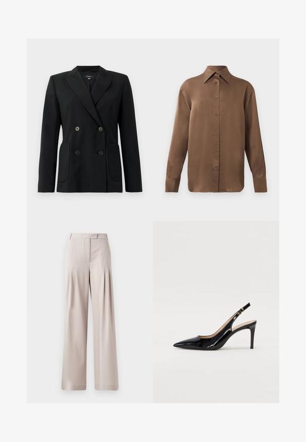 Zwarte dubbelgebreide blazer van gestructureerde stof, met notch revers, twee voord pockets en vier zwarte knopen.; Bruine overhemd met lange mouwen en knopen, voorzien van een spitse kraag en manchetten, op een eenvoudige witte achtergrond weergegeven.; Beige wijde broek met een zachte textuur, geplooide voorkant en een op maat gemaakte tailleband. Geschikt voor formele of casual gelegenheid.; Zwarte gepatineerde leren slingback pump met een puntige neus, slanke hak en een subtiel uitgesneden ontwerp. Bevat een gouden gesp op de band.
