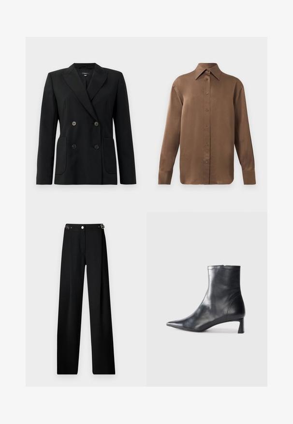 Melnā dubultā jaciņa, kas izgatavota no strukturēta auduma, ar griezumiem pie apkakles, divām priekšējām kabatām un četriem melniem pogām.; Brūns garās piedurknes pogājamais krekls ar norādītu apkakli un aprocēm, izlikts pret vienkāršu baltu fonu.; Platas kājas melni bikses ar teksturētu audumu, kurām ir jostasvieta ar sudraba aprīkojumu un pogu aizdare.; Melnas ādas potītes zābaki ar norādītu pirkstu un elegantu dizainu. Iezīmē zemu papēdi un rāvējslēdzēja aizdari aizmugurē. Gluda tekstūra.