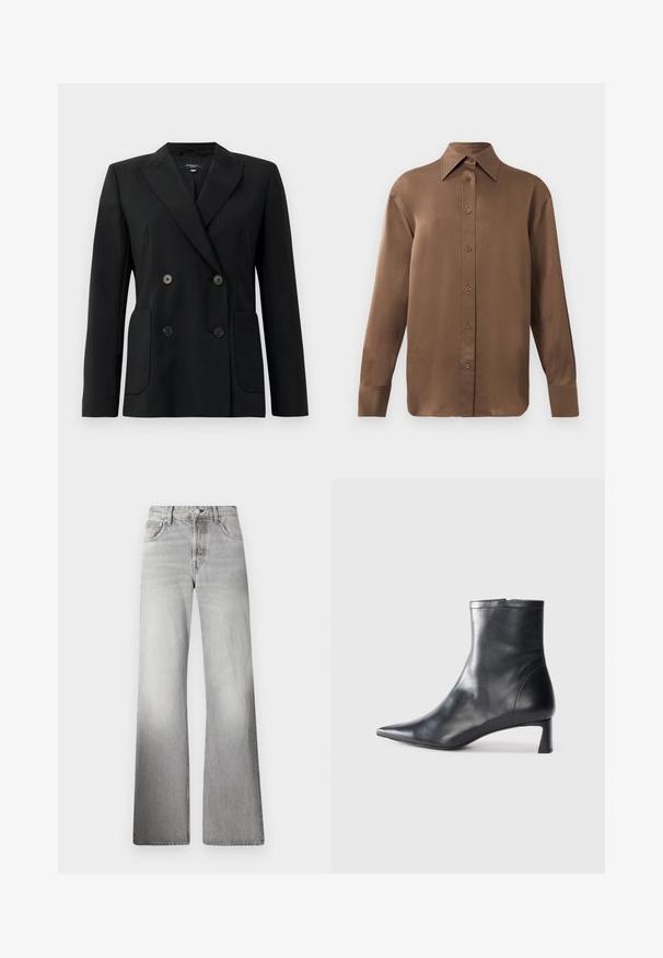 Črn dvoredni blazer iz strukturirane tkanine, z ovratnikom tipa notch, dvema sprednjima žepoma in štirimi črnimi gumbi.; Rjav dolg rokav s srajco s gumbi in koničastimi ovratniki in manšetami, prikazana na enostavni beli podlagi.; Sive hlače širokega kroja iz džinsa z visokim pasom, zbledelim izgledom, petimi žepi in zadrgo, zapirajočo se na gumb.; Črne usnjene gležnjarje s šiljastim nosom in elegantnim dizajnom. Imajo nizko peto in zadrgo na zadnji strani. Gladka tekstura.