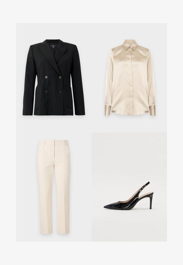 Schwarzer, doppelt gefütterter Blazer aus strukturiertem Stoff, mit Reverskragen, zwei Vordertaschen und vier schwarzen Knöpfen.; Beige Satinhemd mit spitzem Kragen, langen Ärmeln, Knopfverschluss und Manschetten in einem etwas glänzenderen Finish. Keine Muster oder Akzente.; Beige maßgeschneiderte Hose mit geradem Bein, zwei vorderen Falten und flachem Bund. Hergestellt aus einem glatten Stoff. Keine sichtbaren Taschen.; Schwarz lackierte Slingback-Pumps mit spitzem Zehenbereich, schlankem Absatz und einem subtilen Ausschnittdesign. Verfügt über eine goldene Schnalle am Riemen.