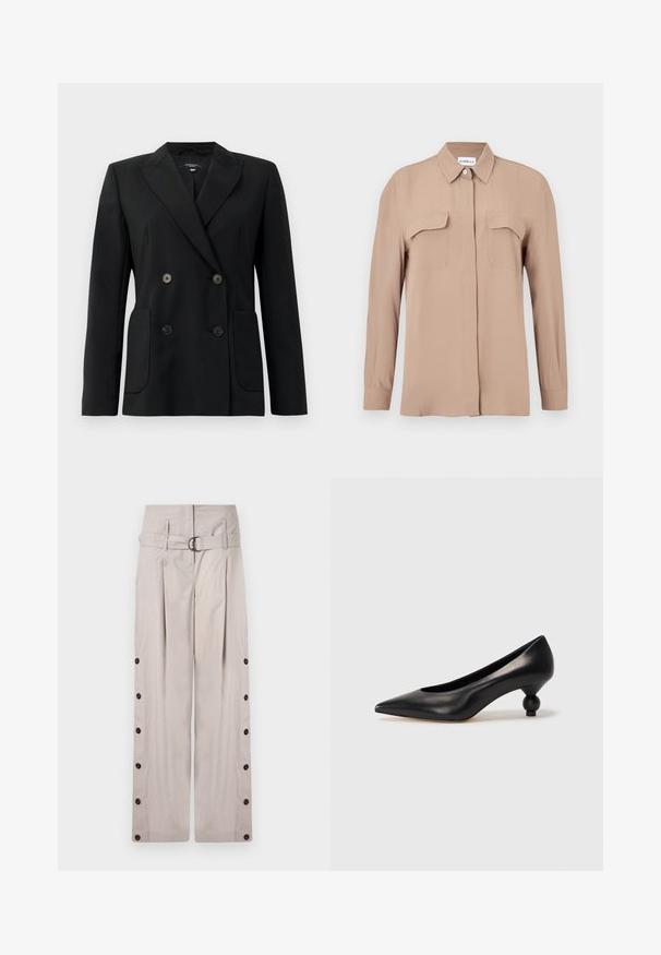 Mustvalge topeltkinnitatud bleiser, mis on valmistatud jäigast kangast, millel on kraed, kaks esist pocketit ja neli musta nööpi.; Beezh pikkade varrukatega pikkade nööpidega särk kergest kangast. Omab kahte rinnataskut ja klassikalist kraestikku, sirge lõike ja minimalistliku disainiga.; Beezid laiad püksid pehmest kangast, millel on vöödiga kõrge vöökoht, külgmised nupud ja puhas, kohandatud välimus.; Must musta kõrge kontsaga king, millel on terav nina ja ümar, pallikujuline konts. Sile pind ja elegantne, minimalistlik disain.