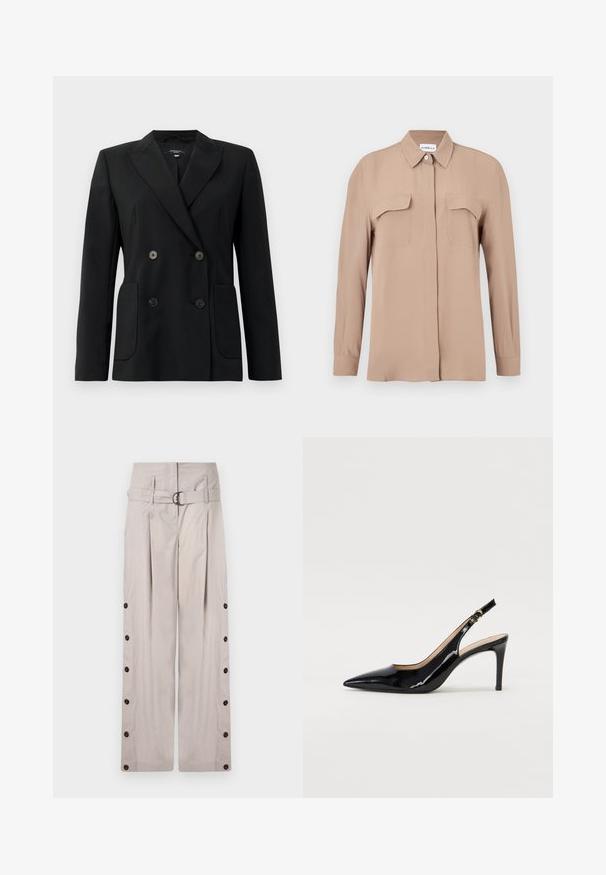 Mustvalge topeltkinnitatud bleiser, mis on valmistatud jäigast kangast, millel on kraed, kaks esist pocketit ja neli musta nööpi.; Beezh pikkade varrukatega pikkade nööpidega särk kergest kangast. Omab kahte rinnataskut ja klassikalist kraestikku, sirge lõike ja minimalistliku disainiga.; Beezid laiad püksid pehmest kangast, millel on vöödiga kõrge vöökoht, külgmised nupud ja puhas, kohandatud välimus.; Must hõbedavärvi patendiga slingback kontsakingad terava varbaga, kitsas konts ja peene lõikega disain. Statistika on kuldne pandla rihmal.