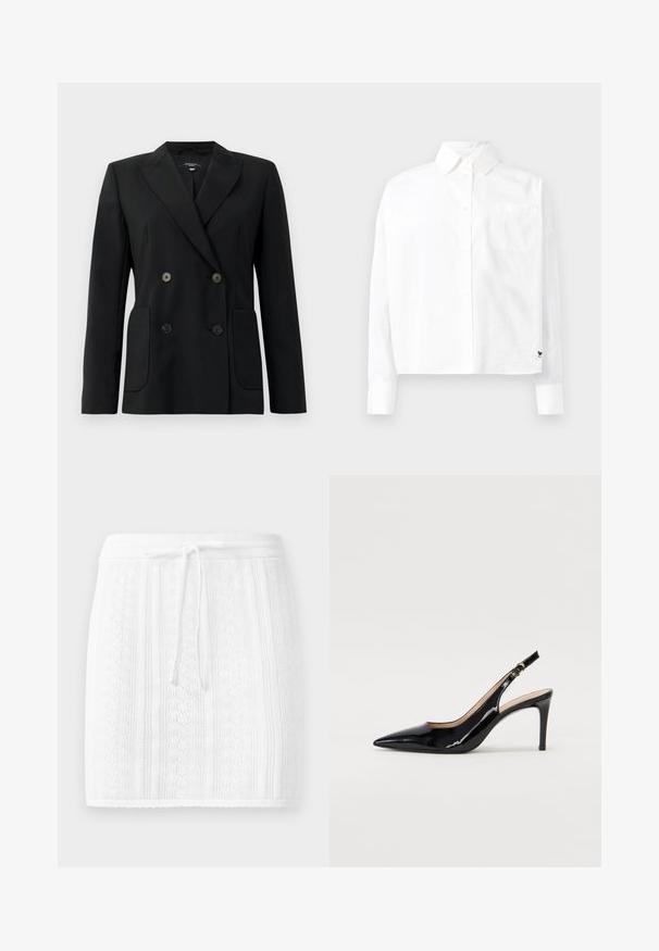 Blazer noir croisé en tissu structuré, avec des revers en pointe, deux poches avant et quatre boutons noirs.; Chemise blanche à manches longues avec col pointu, poche poitrine simple et manches à poignets. Fabriquée en tissu lisse et léger.; Jupe en tricot de couleur blanche avec un motif texturé et des rayures verticales ; elle a une taille avec cordon de serrage et un ourlet festonné.; Pompe slingback en cuir verni noir avec un bout pointu, un talon fin et un design de découpes subtil. Elle dispose d'une boucle dorée sur la sangle.