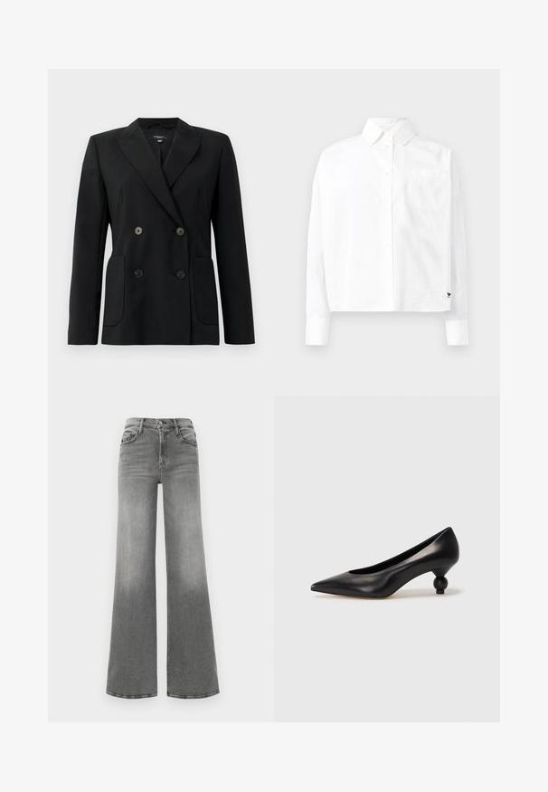 Fekete, kétsoros zakó, amely strukturált anyagból készült, kihajtott gallérral, két elülső zsebbel és négy fekete gombbal rendelkezik.; Fehér, hosszú ujjú, gombos ing, hegyes gallérral, egyetlen mellzsebbel és kis mandzsettával. Simább, könnyű anyagból készült.; Szürke bővülő farmernadrág. Magas derékkal, négy zsebbel rendelkezik, és elöl enyhe kopás hatású, ami növeli a textúráját.; Fekete bőr magassarkú cipő, hegyes orral és kerek, gömbölyű sarokkal. Simább textúrával, elegáns, minimalista dizájnnal.