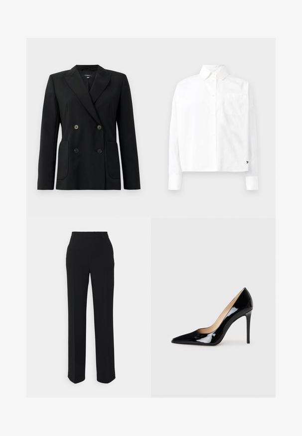Musta kaksirivinen bleiseri, joka on valmistettu jämäkästä kankaasta ja jossa on asetelmalapelit, kaksi etutaskua ja neljä mustaa nappia.; Valkoinen pitkähihaista nappipaitaa, jossa on kärjellinen kaulus, yksi rintatasku ja käänteet hihansuissa. Valmistettu sileästä, kevyestä kankaasta.; Mustat suorat housut, joissa on sileä rakenne. Varustettu vyötärönauhalla ja ilman näkyviä kuvioita tai koristeita. Klassinen ja räätälöity muotoilu.; Mustat patentoitu nahkakengät, joissa on korkea korko ja terävä kärki, luovat sulavan siluetin. Kengissä on sileä, kiiltävä pinta ja hoikka stiletto-korko.