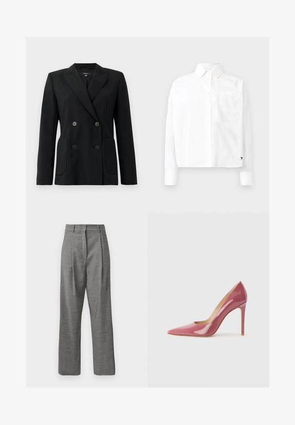 Black double-breasted blazer made of structured fabric, featuring notch lapels, two front pockets, and four black buttons.; White long-sleeve button-up shirt with a pointed collar, single chest pocket, and cuffed sleeves. Made of smooth, lightweight fabric.; High-waist gray trousers with small checkered pattern, front pleats, belt loops, and straight legs on white background.; Pink patent leather high-heeled pump with a pointed toe and sleek silhouette, featuring a cut-out detail and a stiletto heel.