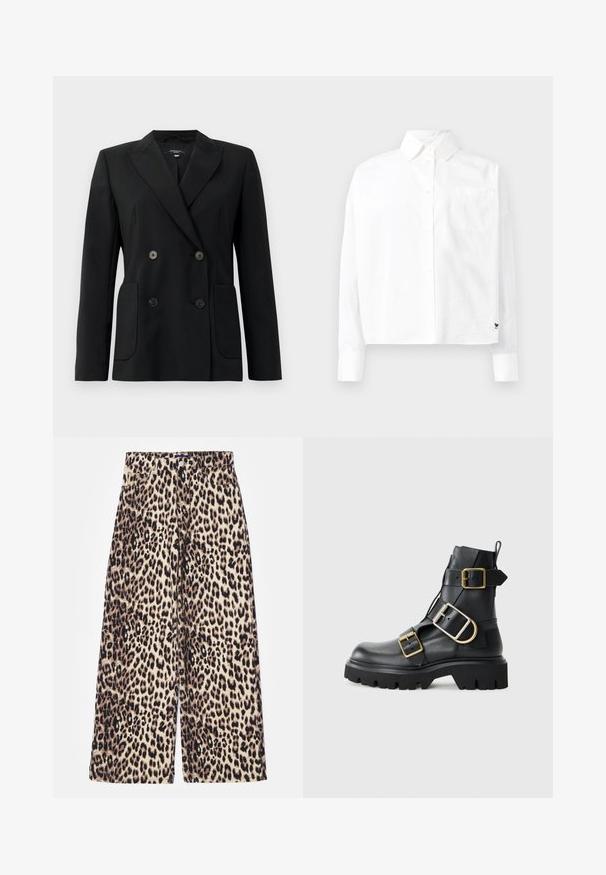 Crni dvostruki sako od čvrstog materijala, s reverima, dva prednja džepa i četiri crna dugmeta.; Bijela košulja dugih rukava s gumbima i oštrom kragnom, jednim džepom na prsima i manžetama. Izrađena od glatkog, laganog materijala.; Hlače širokih nogavica s uzorkom leoparda izrađene od mješavine pamuka. Imaju visok struk, zatvaranje na gumb i prednje džepove. Paleta boja uključuje bež i crnu.; Crne kožne gležnjače s debelim potplatom, koje imaju više remena i zlatne detalje. Glatka tekstura, robusni dizajn.