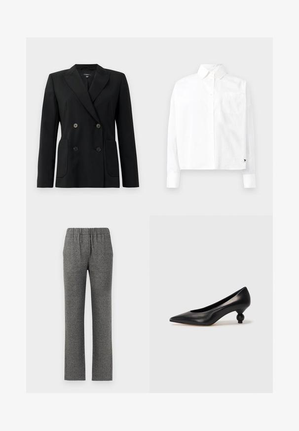 Zwarte dubbelgebreide blazer van gestructureerde stof, met notch revers, twee voord pockets en vier zwarte knopen.; Witte lange mouwen knoopshirt met een puntige kraag, een enkele borstzak en manchet mouwen. Gemaakt van gladde, lichte stof.; Grijze, gestructureerde broek met elastische tailleband en recht gesneden design. Bevat een subtiel patroon voor extra visuele interesse.; Zwarte leren hoge hak schoen met een spitse neus en een ronde, bolle hak. Gladde textuur met een elegant, minimalistisch ontwerp.
