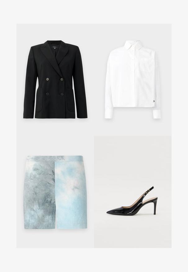 Melnā dubultā jaciņa, kas izgatavota no strukturēta auduma, ar griezumiem pie apkakles, divām priekšējām kabatām un četriem melniem pogām.; Balta garām piedurknēm pogājama krekla ar norādītu apkakli, vienu krūšu kabatu un aprocēm. Izgatavots no gludas, vieglas auduma.; Krāsu blokādas šorti ar gaismas zilas un pelēkas nokrāsas gradientu. Izgatavoti no mīksta auduma ar gludu tekstūru un ar jostasvietu.; Melnas lakotās ādas slingback kurpes ar izteiktu degunu, šauru papēdi un smalku izgriezumu dizainu. Siksniņai ir zelta sprādze.