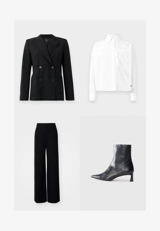 Černý dvouřadý blazer vyrobený z pevných tkanin, s klopovými límci, dvěma předními kapsami a čtyřmi černými knoflíky.; Bílá košile s dlouhým rukávem a knoflíkovým zapínáním, s špičatým límcem, jednou náprsní kapsou a manžetami. Vyrobena z hladké, lehké látky.; Černé kalhoty s širokým střihem a vysokým pasem, hladká látka, přední zapínání na knoflík a bez viditelných kapes, s příjemným střihem.; Černé kožené kotníkové boty s špičatou špičkou a elegantním designem. Mají nízký podpatek a zipové zapínání na zadní straně. Hladká textura.