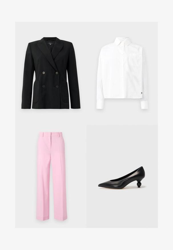 Black double-breasted blazer made of structured fabric, featuring notch lapels, two front pockets, and four black buttons.; White long-sleeve button-up shirt with a pointed collar, single chest pocket, and cuffed sleeves. Made of smooth, lightweight fabric.; Light pink, wide-leg trousers with a smooth texture, featuring a standard waistband and crisp pleats down the front for structure.; Black leather high heel shoe with a pointed toe and a round, balled heel. Smooth texture with a sleek, minimal design.