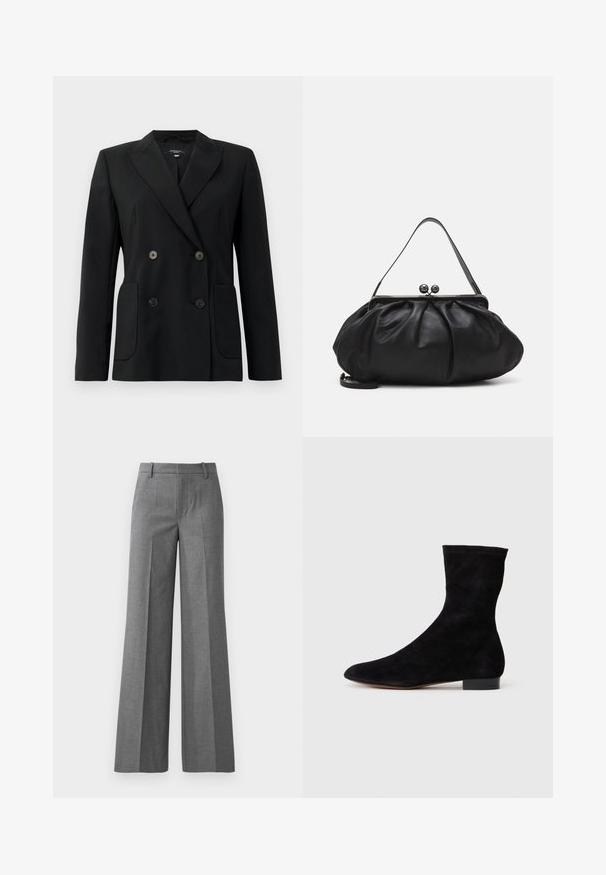 Čierny dvojradový blejzer vyrobený z pevnej látky, s klopami, dvoma prednými vreckami a štyrmi čiernymi gombíkmi.; Biela košeľa s dlhým rukávom a tenkými vertikálnymi hnedými pruhmi, s klasickým golierom a jednou vreckom na hrudi.; Šedé široké nohavice z textúrovaného materiálu. Má predné záhyby, priliehavý pás a lesklý povrch, ideálne pre formálne prostredie.; Čierne semišové členkové topánky s priliehavým zvrškom, špicatou špičkou a nízkym blokovým opätkom. Hladká textúra a minimalistický dizajn, vhodné na všestranné kombinovanie.; Čierna kožená kabelka s zaobleným, nariadeným dizajnom. Disponuje kovovým zapínaním s dvoma dekoračnými guľôčkami a tenkým, odnímateľným popruhom.