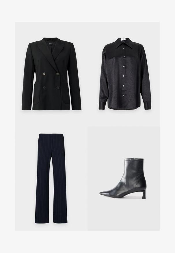 Schwarzer, doppelt gefütterter Blazer aus strukturiertem Stoff, mit Reverskragen, zwei Vordertaschen und vier schwarzen Knöpfen.; Schwarzes Langarmhemd mit kragenförmigem Halsausschnitt, mit einem zerknitterten Textur, voller Knopfleiste und Manschetten. Hergestellt aus einem glatten Stoff.; Marineblaue Nadelstreifenhose mit geradem Bein, gefertigt aus feinem Stoff, mit glatter Textur und ohne sichtbare Verschlüsse.; Schwarze Lederstiefelette mit spitzer Zehe und schlankem Design. Verfügt über einen niedrigen Absatz und einen Reißverschluss hinten. Glatte Textur.