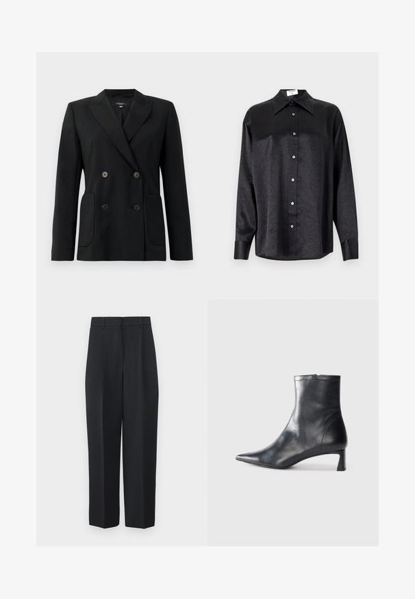 Blazer negru cu două rânduri de nasturi, realizat dintr-un material structurat, având rever cu decupaj, două buzunare frontale și patru nasturi negri.; Cămașă neagră cu mânecă lungă, cu guler, cu o textură șifonată, cu nasturi pe toată lungimea și manșete. Fabricată dintr-un material neted.; Weekend Max Mara RONCHI - Pantaloni - blu; Cizmă de gleznă din piele neagră cu vârf ascuțit și un design elegant. Dispune de un toc mic și de o închidere cu fermoar la spate. Textură netedă.