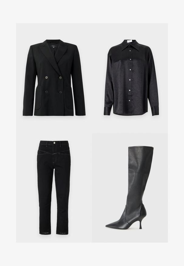 Blazer negru cu două rânduri de nasturi, realizat dintr-un material structurat, având rever cu decupaj, două buzunare frontale și patru nasturi negri.; Cămașă neagră cu mânecă lungă, cu guler, cu o textură șifonată, cu nasturi pe toată lungimea și manșete. Fabricată dintr-un material neted.; Jeans negri din denim cu o siluetă mulată, cusături în contrast, design standard cu cinci buzunare și detalii cu logo la margine.; Botine din piele neagră, până la genunchi, cu vârf ascuțit și toc subțire stiletto. Textură netedă, cu un design ajustat și cusături la marginea superioară.