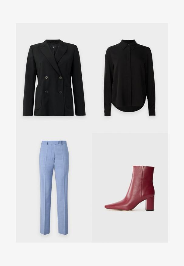 Blazer negro de doble botonadura, hecho de una tela estructurada, con solapas de muesca, dos bolsillos frontales y cuatro botones negros.; Blusa negra de manga larga con cuello puntiagudo, tapeta de botones oculta y dobladillo curvado sobre un fondo blanco liso.; Pantalones ajustados de color azul claro hechos de una tela suave, con cintura alta, pliegues en la parte delantera y piernas rectas. Diseño minimalista, sin patrones visibles.; Botín de cuero burdeos con punta afilada, tacón cuadrado y textura lisa, que presenta un diseño sin costuras y sin hardware visible.