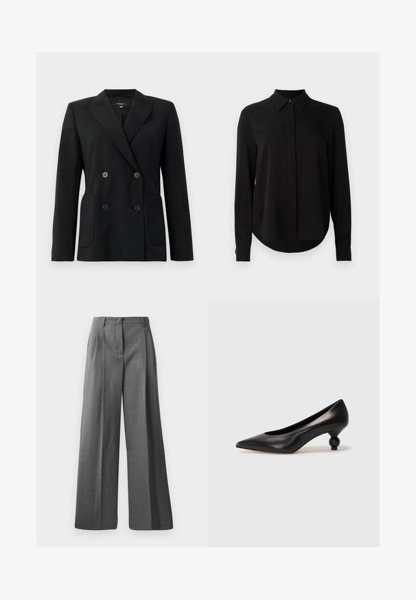 Black double-breasted blazer made of structured fabric, featuring notch lapels, two front pockets, and four black buttons.; Black long-sleeve blouse with pointed collar, concealed button placket, and curved hem against a plain white background.; Gray, wide-leg trousers made from textured fabric with a subtle pattern. Features front pleats and a waistband with belt loops.; Black leather high heel shoe with a pointed toe and a round, balled heel. Smooth texture with a sleek, minimal design.
