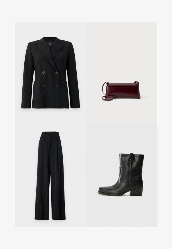 Crni dvostruki sako od čvrstog materijala, s reverima, dva prednja džepa i četiri crna dugmeta.; Crna bluzica dugih rukava s oštrim ovratnikom, skrivenim kopčanjem i zakrivljenim rubom na jednoj bijeloj pozadini.; Crne široke hlače s visokim strukom, koje imaju nabore sprijeda i glatku teksturu. Nema vidljivih logotipa ili uzoraka.; Crne kožne čizme do članaka s okruglim vrhom, blok potpeticom, bočnim patentnim zatvaračem i detaljima od šavova na gornjem dijelu. Glatka tekstura, klasičan dizajn.; Bordo kožni torbica preko tijela s glatkom teksturom, pravokutnim oblikom, preklopom i tankim podešivim remenom. Vidljiv zlatni detalj s logotipom.