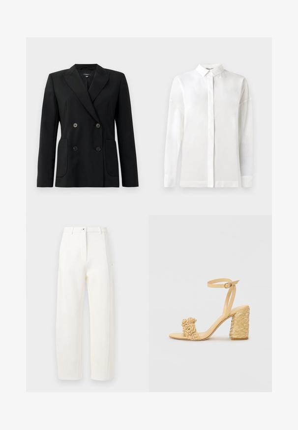 Blazer negru cu două rânduri de nasturi, realizat dintr-un material structurat, având rever cu decupaj, două buzunare frontale și patru nasturi negri.; Cămașă albă cu mânecă lungă, cu guler cu nasturi, textură netedă, croială dreaptă și placket ascuns. Material moale, ușor, fără modele.; Pantaloni alba personalizați cu o croială dreaptă, pliuri frontale, închidere cu fermoar și nasture, și buzunare laterale. Material neted cu un finisaj mat.; Sandalie cu toc înalt bej, cu o textură împletită, având o floare decorativă și curea pentru gleznă. Tocul pătrat oferă stabilitate.