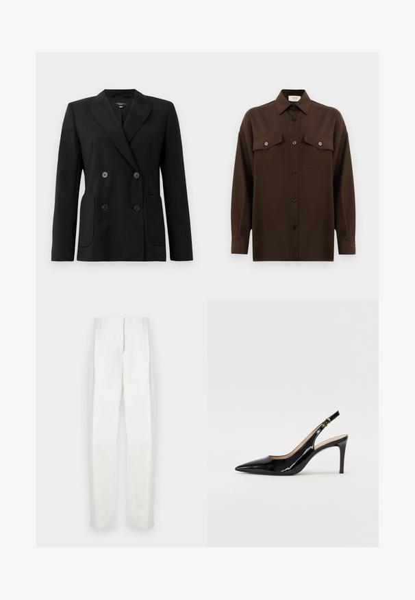 Zwarte dubbelgebreide blazer van gestructureerde stof, met notch revers, twee voord pockets en vier zwarte knopen.; Donkerbruin langarm overhemd met knopen, voorzien van twee zakken met klep op de borst en een klassieke kraag, weergegeven tegen een effen witte achtergrond.; Paul Smith Broek - white; Zwarte gepatineerde leren slingback pump met een puntige neus, slanke hak en een subtiel uitgesneden ontwerp. Bevat een gouden gesp op de band.
