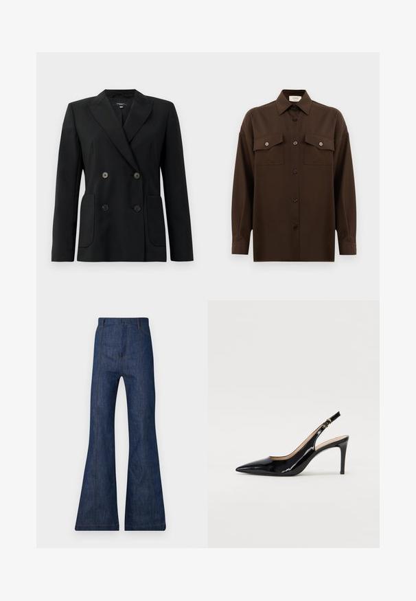 Mustvalge topeltkinnitatud bleiser, mis on valmistatud jäigast kangast, millel on kraed, kaks esist pocketit ja neli musta nööpi.; Tumepruun pikkade varrukatega nööbitav särk kahe klapp-taskuga rinnal ja klassikalise kraega, esitlemiseks lihtsa valge tausta ees.; Tumed sinise denimi kõrg waistiga laiad püksid, nähtava õmblusega ja kahe ees oleva taskuga. Sujuv tekstuur ja lai varrukasu.; Must hõbedavärvi patendiga slingback kontsakingad terava varbaga, kitsas konts ja peene lõikega disain. Statistika on kuldne pandla rihmal.